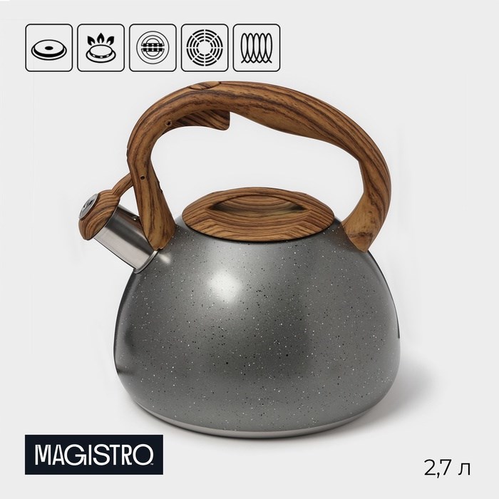 Чайник 2,7л нерж со свистком Stone серый ручка soft-touch индукция 4501434 4501434 - фото 168749