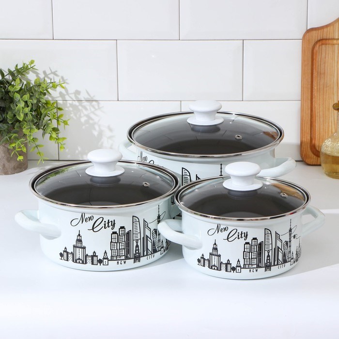 Набор кастрюль эмаль Новый город 3 предмета: 1,5 л, 2,3 л, 3 л цвет белый 5094147 5094147