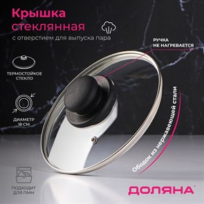 Крышка стеклянная d=18 см для сковороды и кастрюли Доляна нерж од, пл ручка9293622 9293622